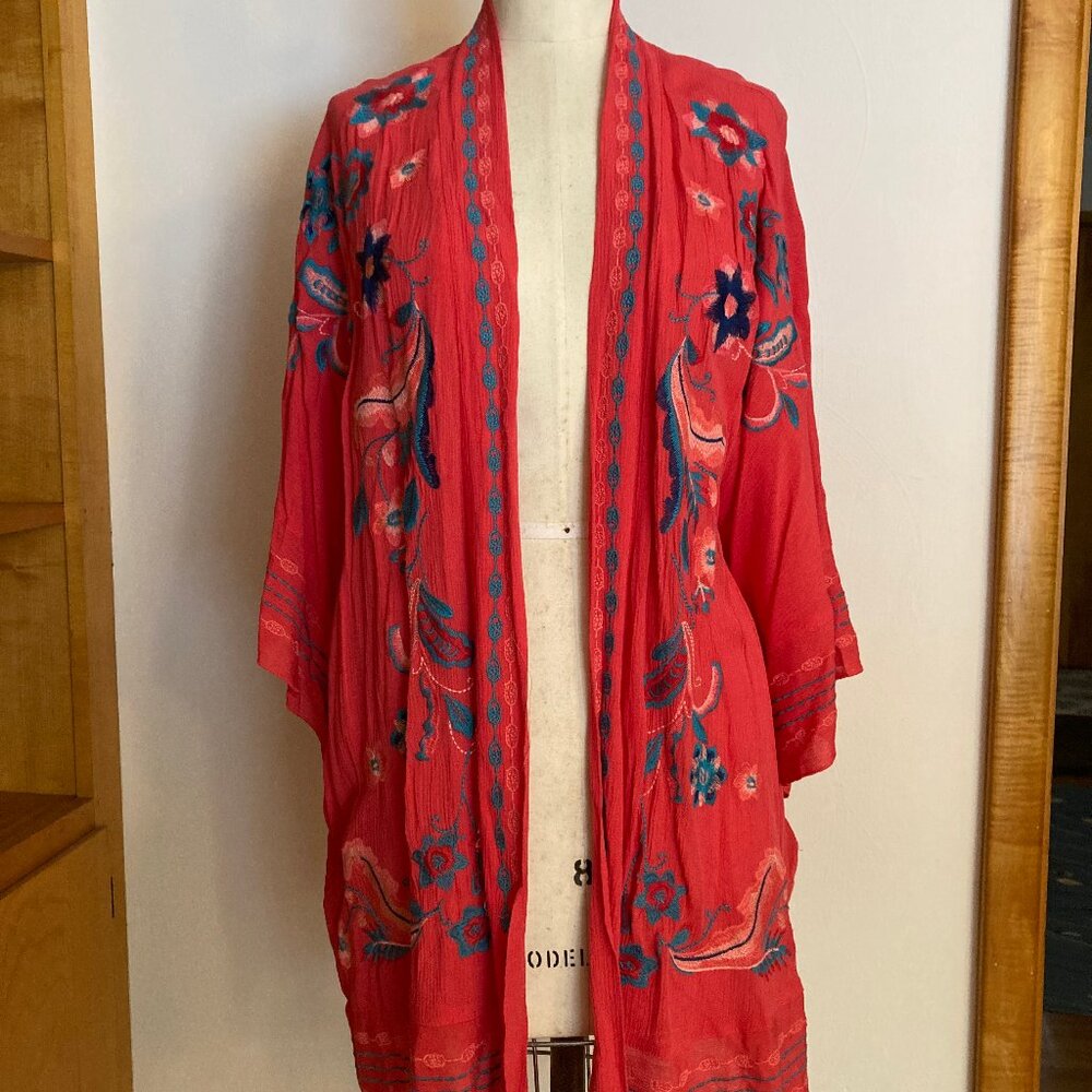 Curations Embroidered Gauze Kimono/ Open Front Floral Coral Resort Bohemian